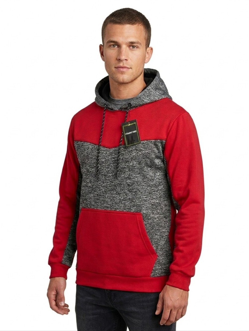 Men's Colorblock Hooded Sweatshirt - Red/Charcoal Gray Straight faded
